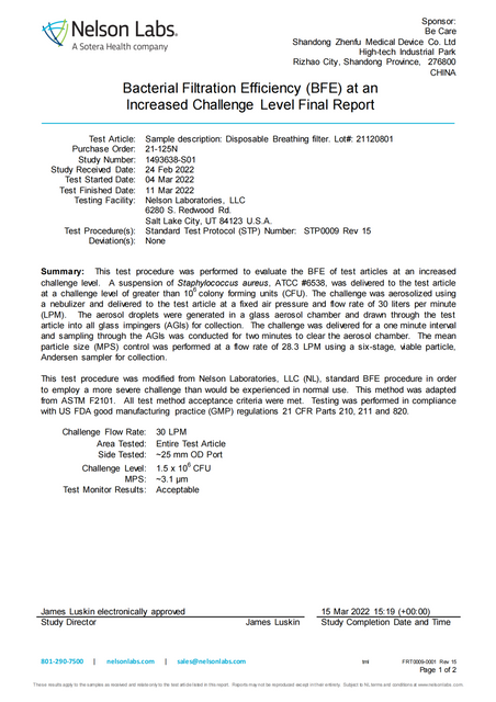 Bacterial Filtration Efficiency (BFE) at anIincreased Challenge Level Final Report 1493638-S01_00